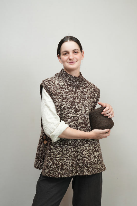 High Neck Wool Handknit Vest - Brown