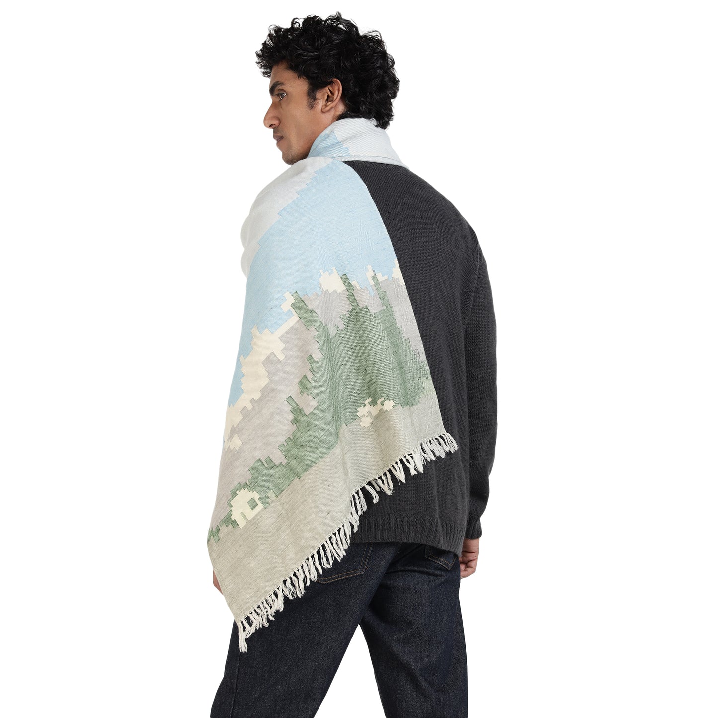 Handmade Kullu wool shawl royal enfield postcard from kullu collection back view