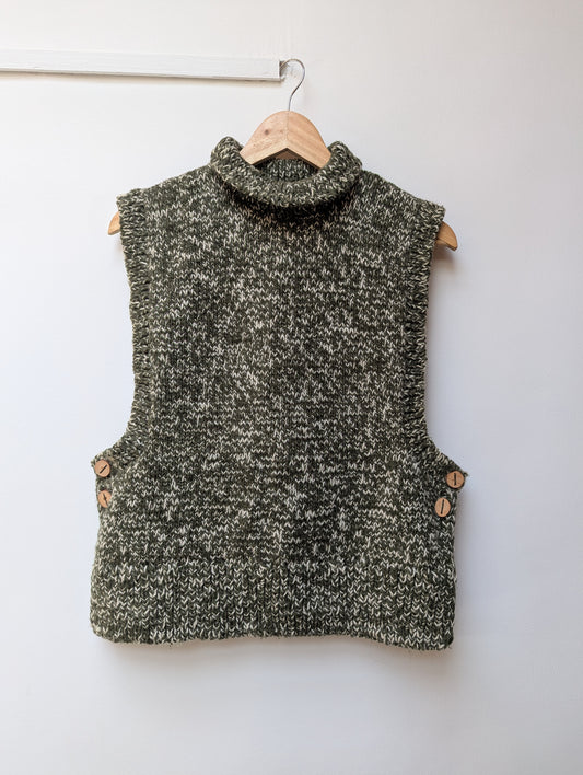High neck handloom front view wool knit vest for men and women in forest green