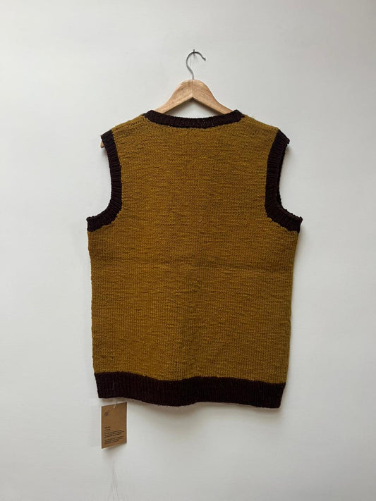 Motif detail handloom wool knit vest in Himalayan indigenous wool for winter layering back view
