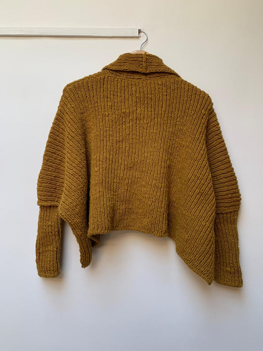 handloom wool knit cardigan mustard colour back view