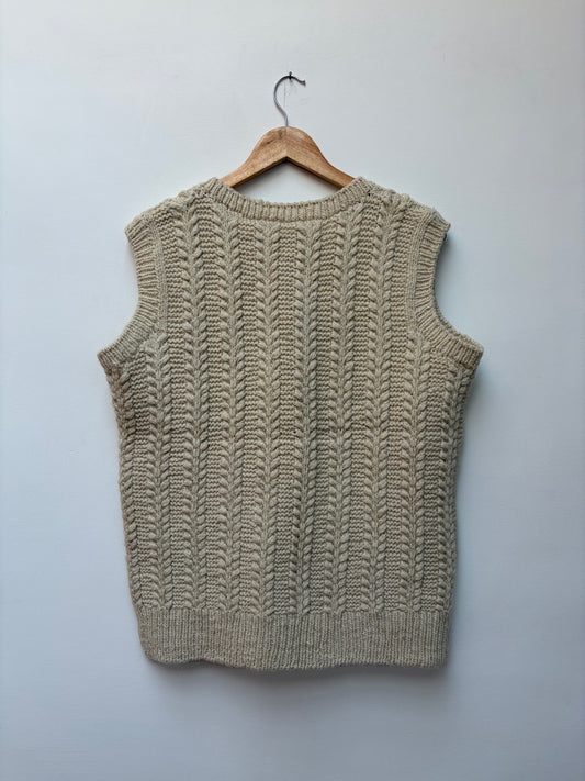 handspun cable knit wool vest in natural beige handcrafted Himalayan handloom winter vest for men and women back view