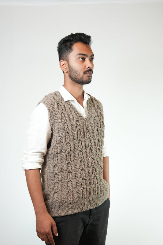 Handspun Cable Knit Wool Vest - Grey