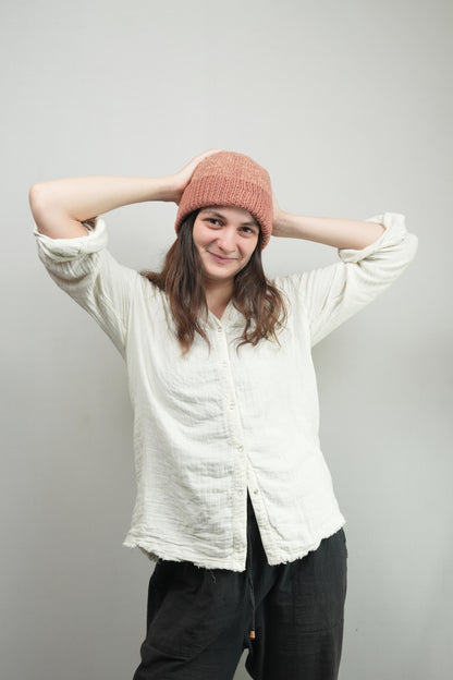 Hand-Knitted Wool Beanie - Rose Melange