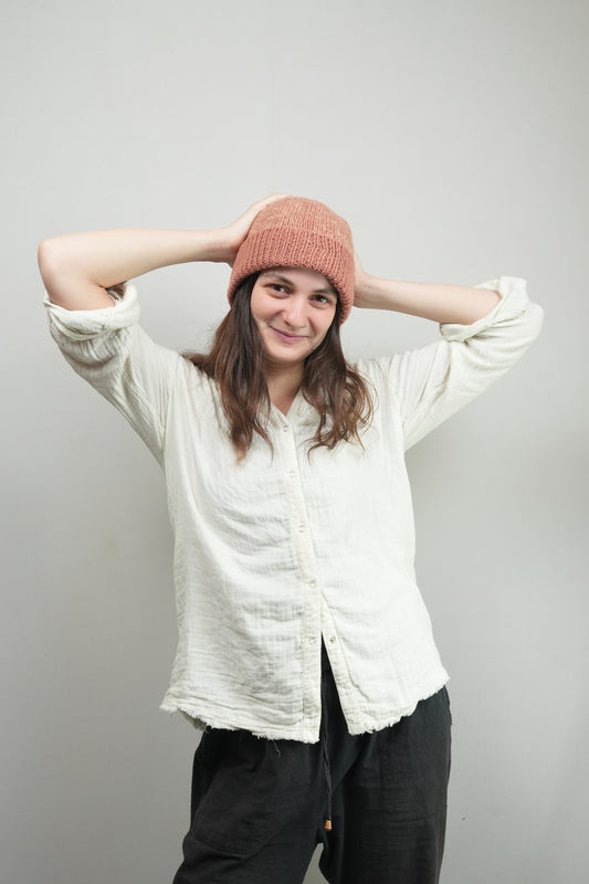 Hand-Knitted Wool Beanie - Rose Melange