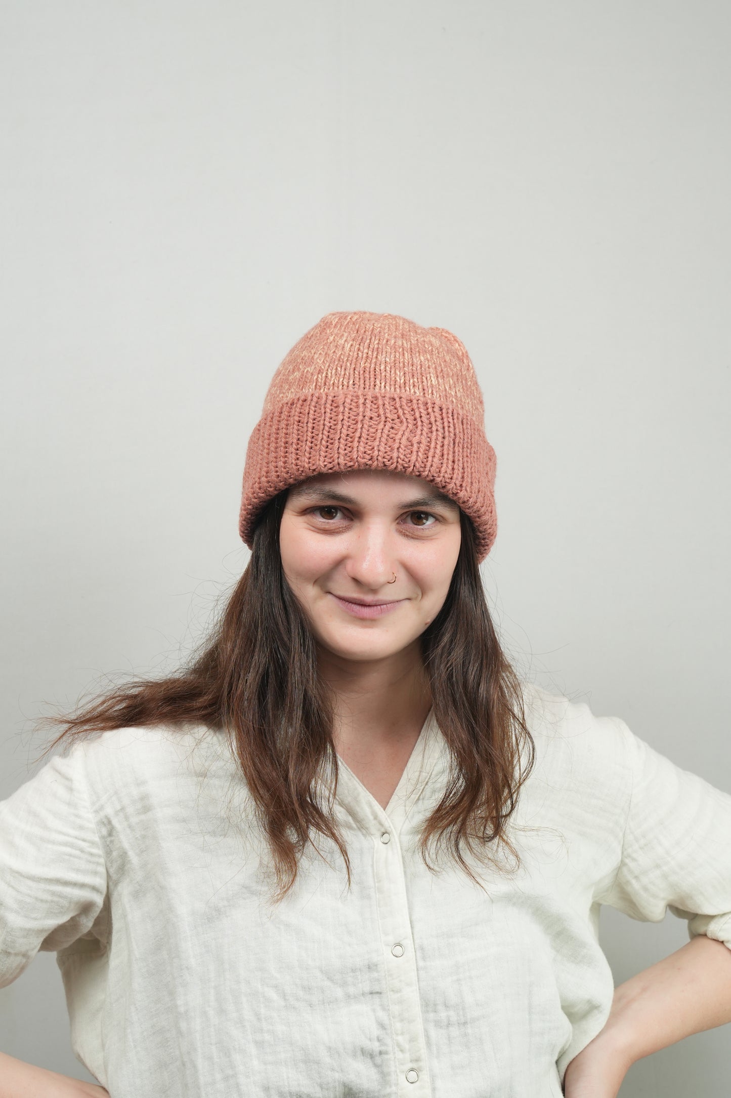 Hand-Knitted Wool Beanie - Rose Melange