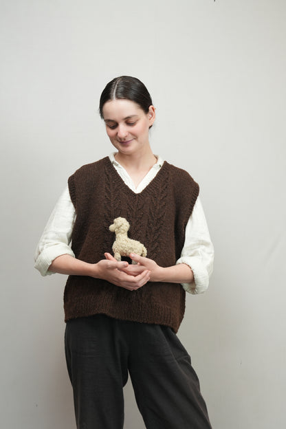 Handspun Cable Knit Wool Vest - Brown