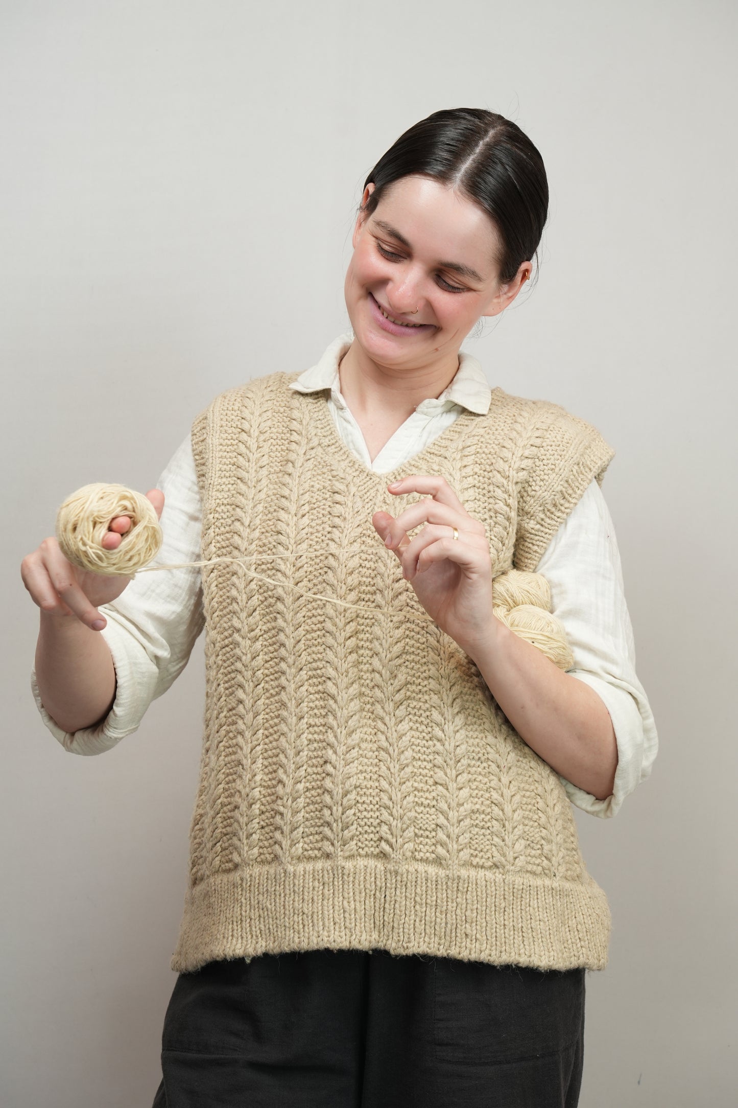 Handspun Cable Knit Wool Vest - Off White