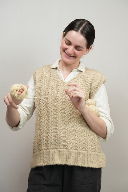 Handspun Cable Knit Wool Vest - Off White