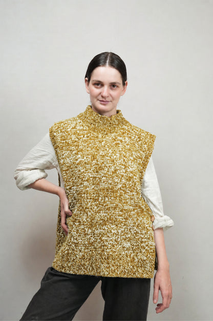 High Neck Wool Handknit Vest - Ochre