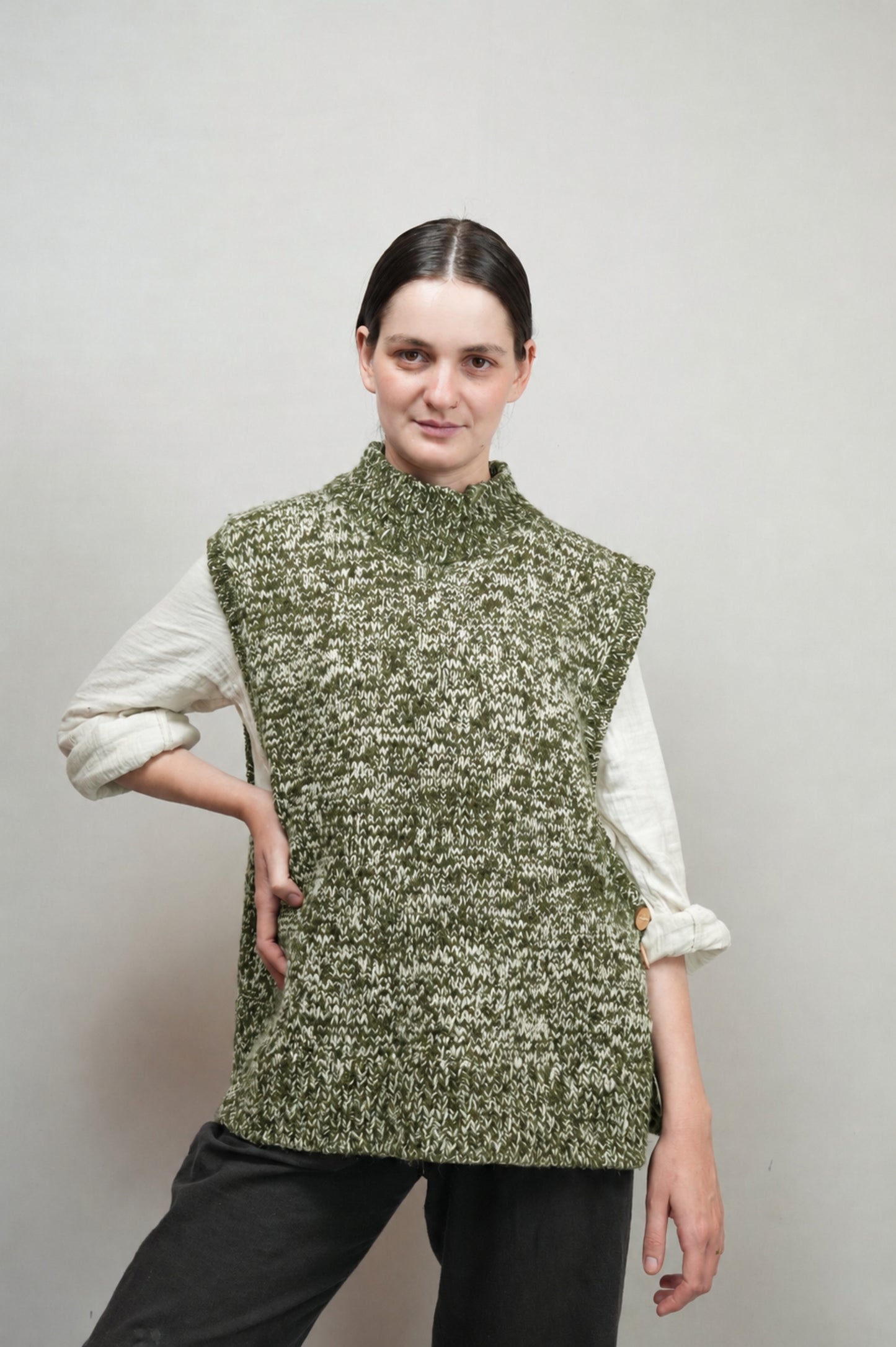 High Neck Wool Handknit Vest - Olive