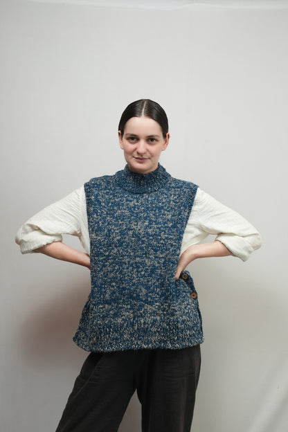 High Neck Wool Handknit Vest - Indigo