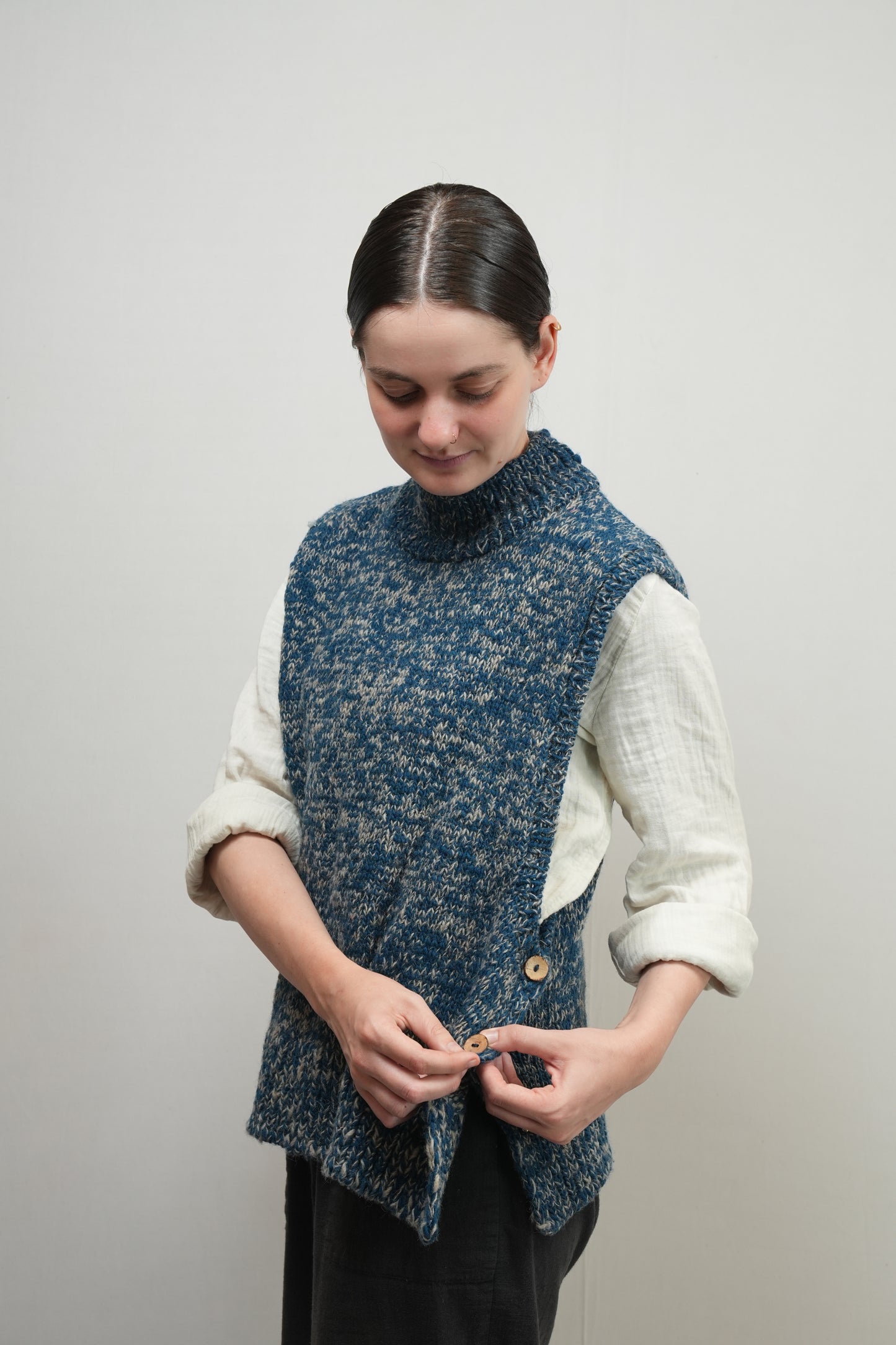 High Neck Wool Handknit Vest - Indigo