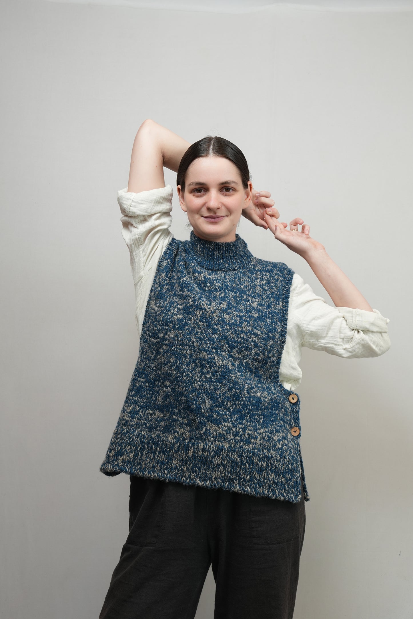 High Neck Wool Handknit Vest - Indigo