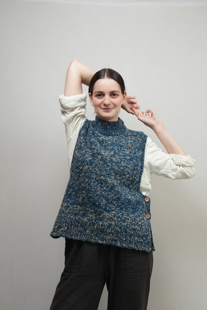 High Neck Wool Handknit Vest - Indigo
