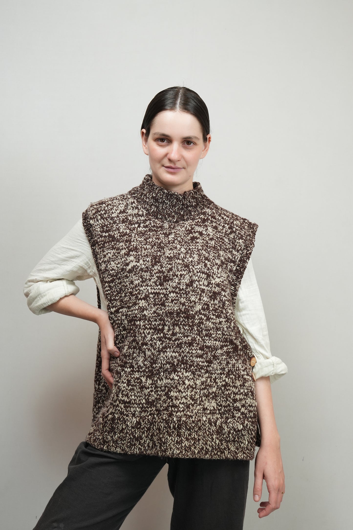 High Neck Wool Handknit Vest - Brown