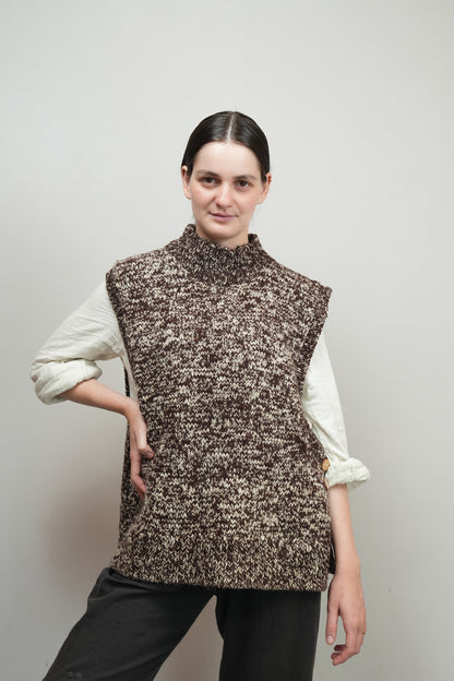 High Neck Wool Handknit Vest - Brown