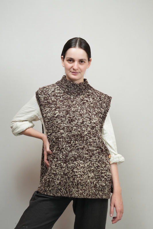 High Neck Wool Handknit Vest - Brown