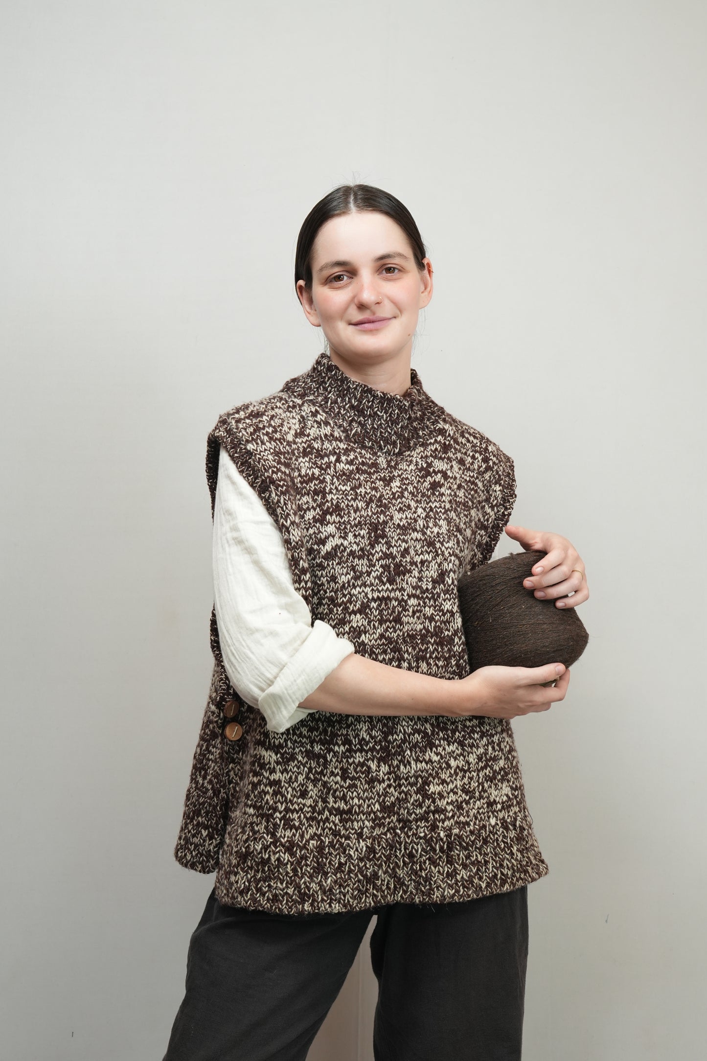 High Neck Wool Handknit Vest - Brown