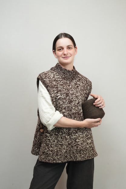 High Neck Wool Handknit Vest - Brown