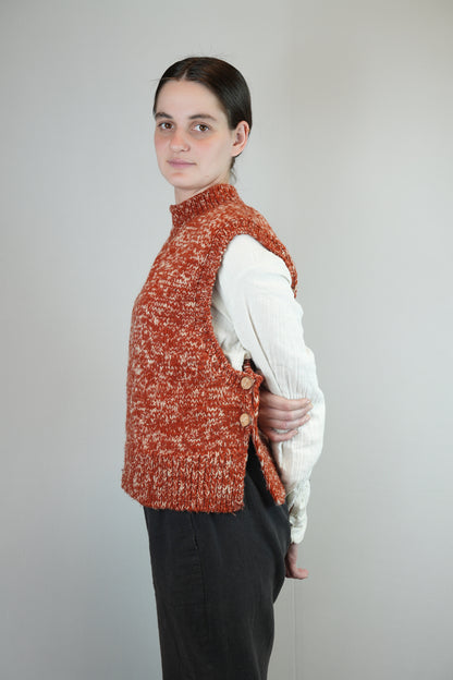 High Neck Wool Handknit Vest - Rust Red
