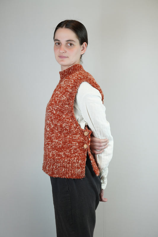High Neck Wool Handknit Vest - Rust Red