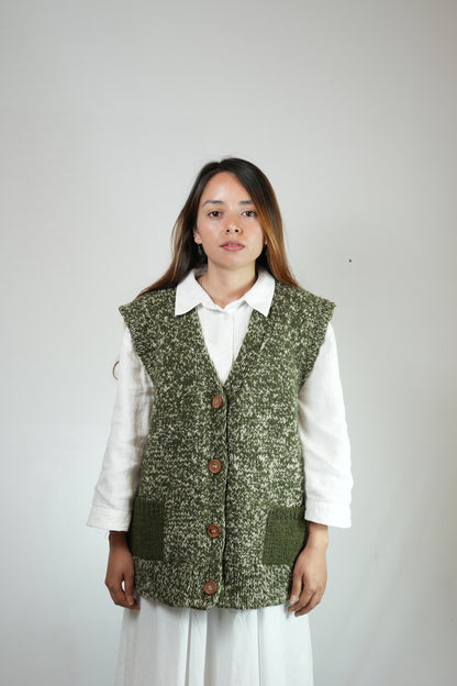 Melange Wool Cardigan Vest - Olive Green