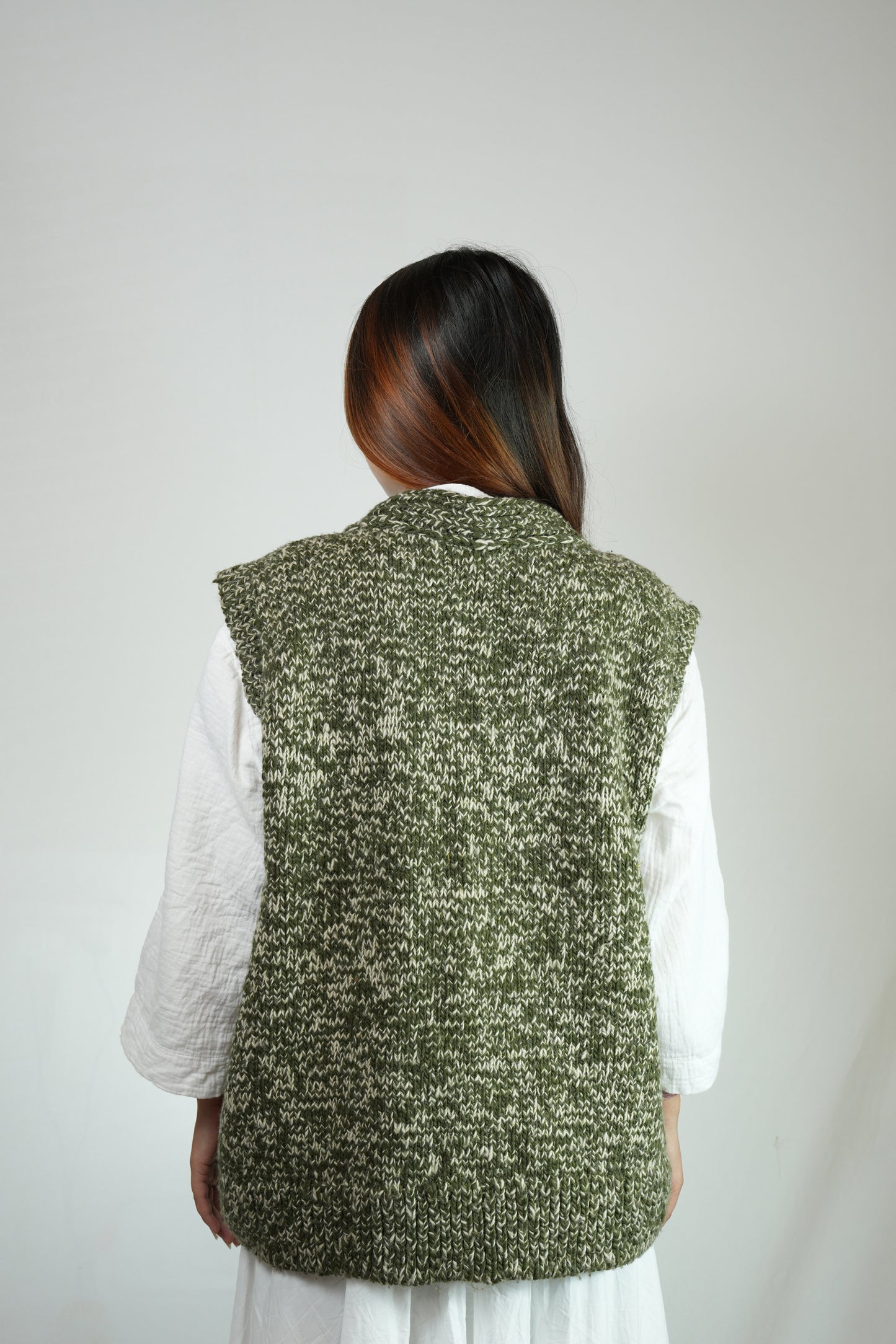 Melange Wool Cardigan Vest - Olive Green