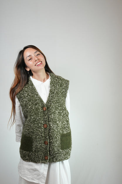 Melange Wool Cardigan Vest - Olive Green