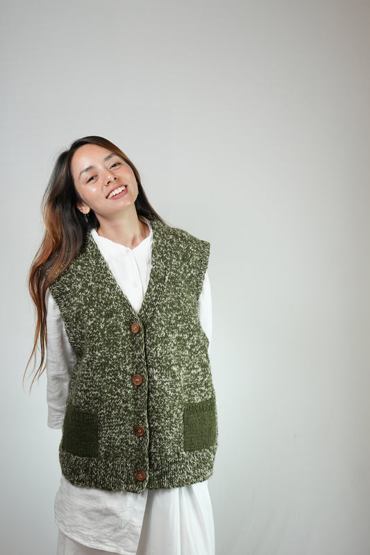 Melange Wool Cardigan Vest - Olive Green