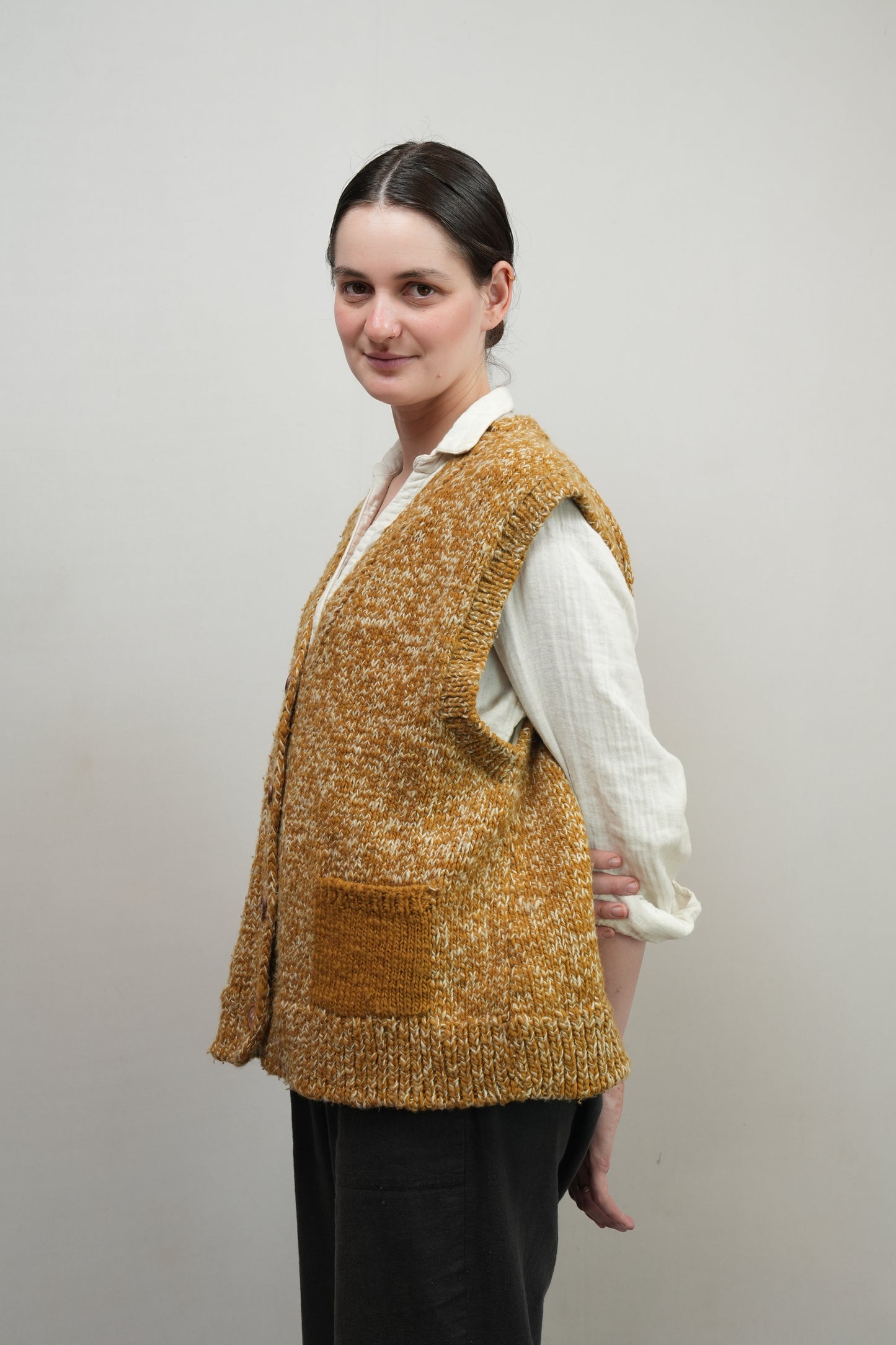 Melange Wool Cardigan Vest - Ochre