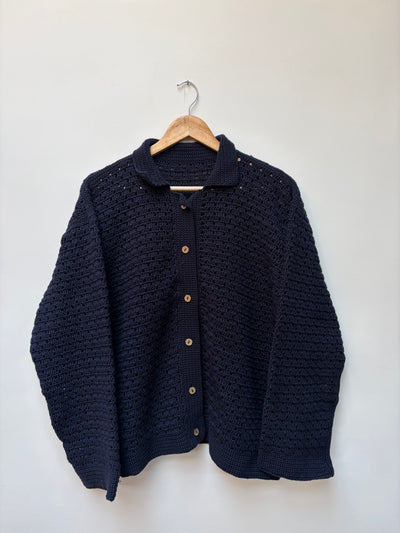 Crochet knit cotton shirt – handloom winter shirt in navy blue front view 