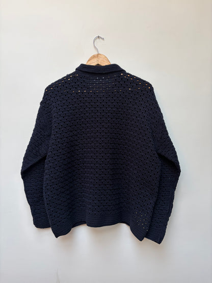 Crochet knit cotton shirt – handloom winter shirt in navy blue back view 