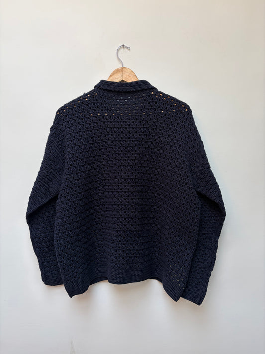 Crochet knit cotton shirt – handloom winter shirt in navy blue back view 