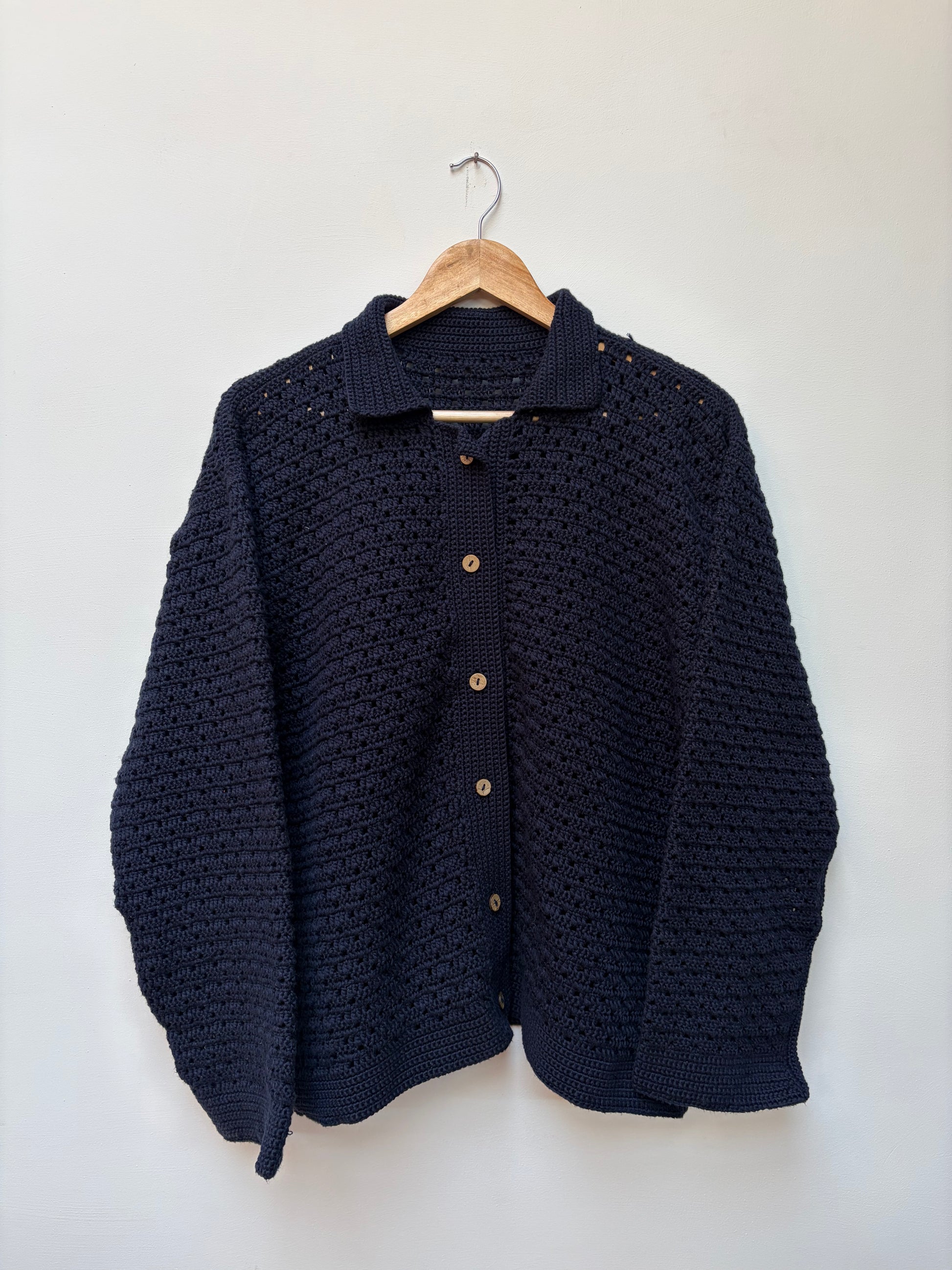 Crochet knit cotton shirt – handloom winter shirt in navy blue front view zoomed