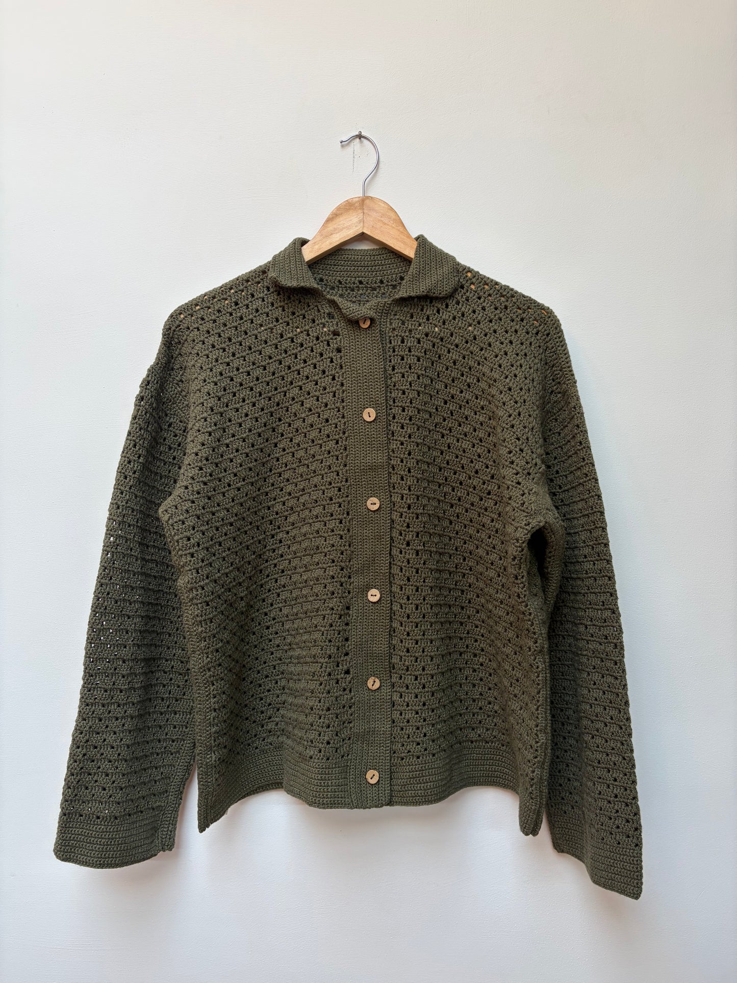 Crochet knit cotton shirt – handloom winter shirt in olive green front view 