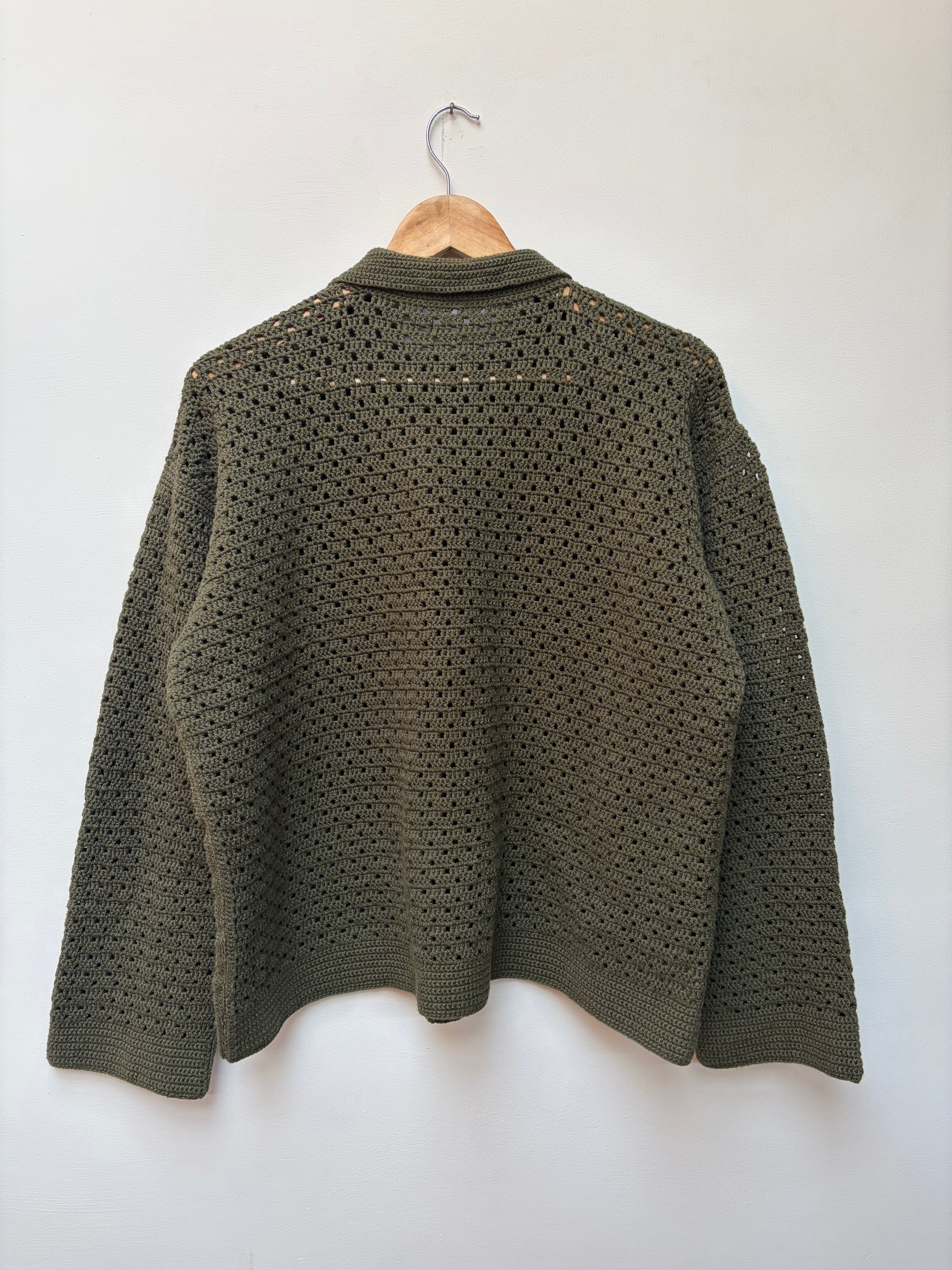 Crochet knit cotton shirt – handloom winter shirt in olive green back view 