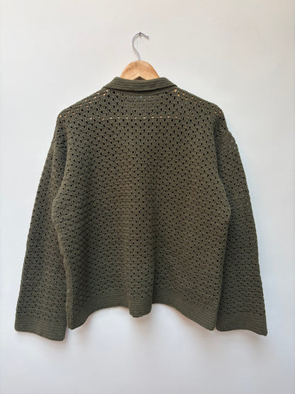 Crochet knit cotton shirt – handloom winter shirt in olive green back view 