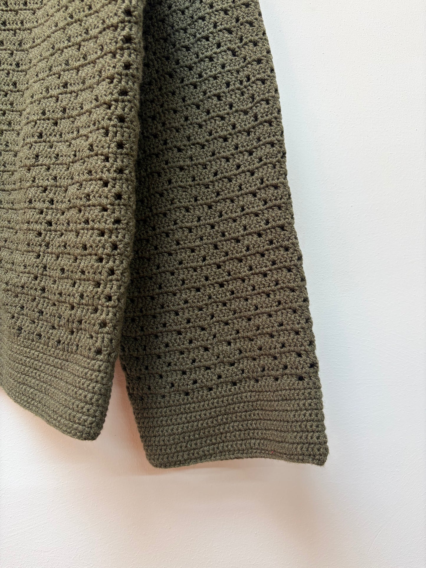 Crochet knit cotton shirt – handloom winter shirt in olive green right lower view 