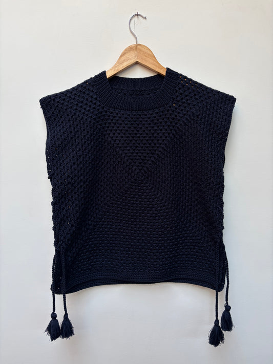 Crochet knit cotton top – handloom winter top in navy blue front view 