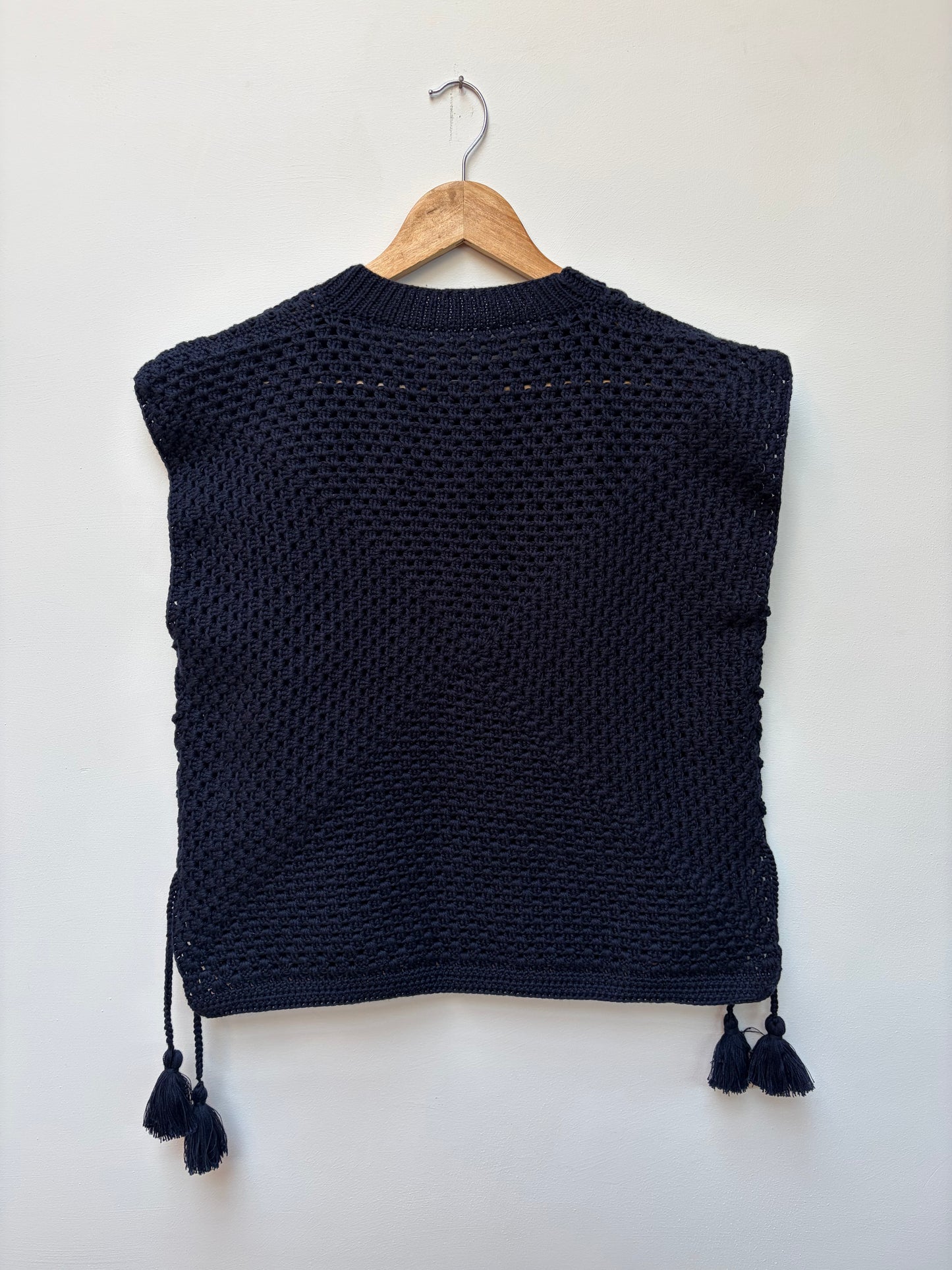 Crochet knit cotton top – handloom winter top in navy blue back view 