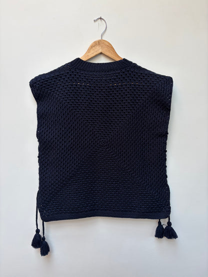 Crochet knit cotton top – handloom winter top in navy blue back view 