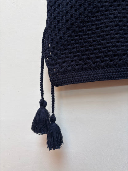 Crochet knit cotton top – handloom winter top in navy blue left side zoomed view 