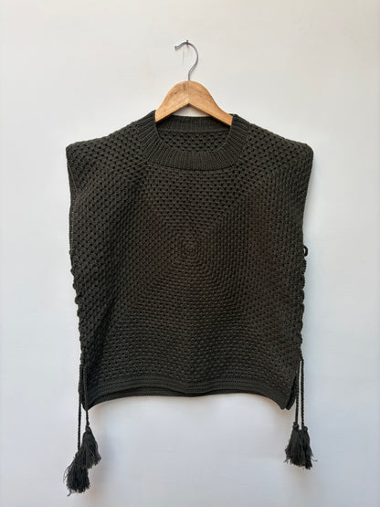 Crochet knit cotton top – handloom winter top in olive green front view 