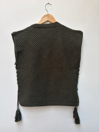 Crochet knit cotton top – handloom winter top in olive green back view 