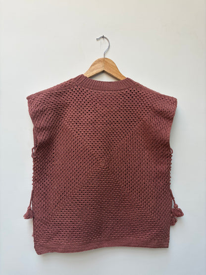 Crochet knit cotton top – handloom winter top in rust brown back view 