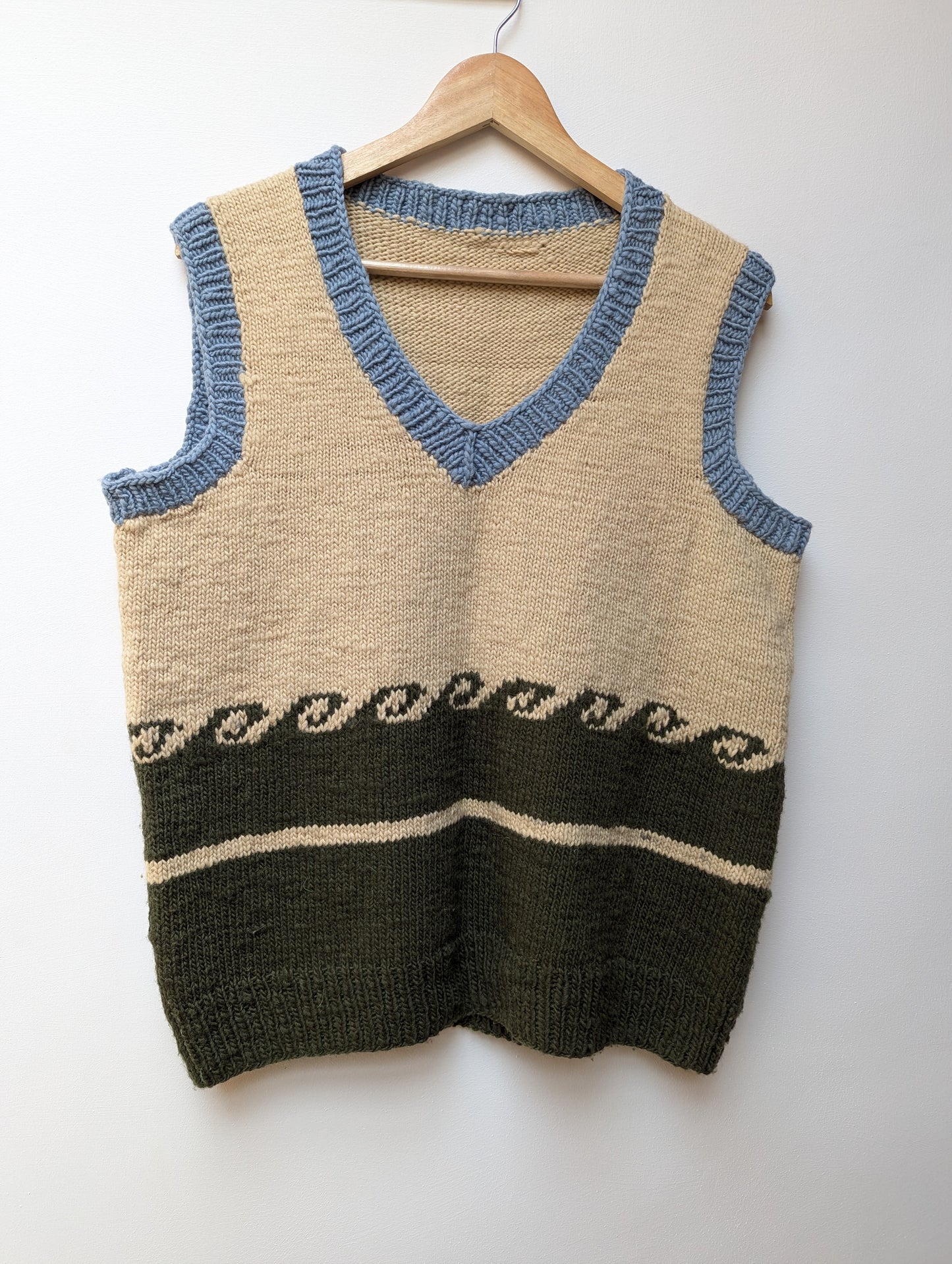 Darcha handloom wool knit vest, colour green, front view for men and women