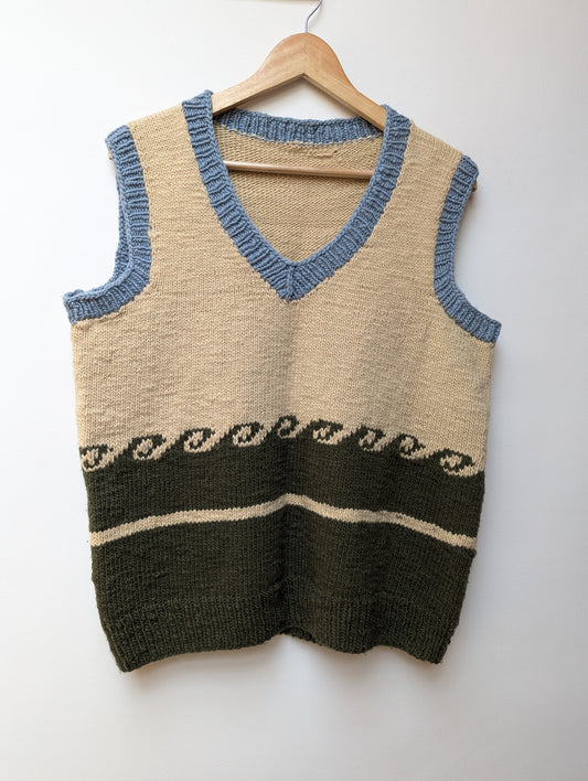 Darcha handloom wool knit vest, colour green, front view for men and women