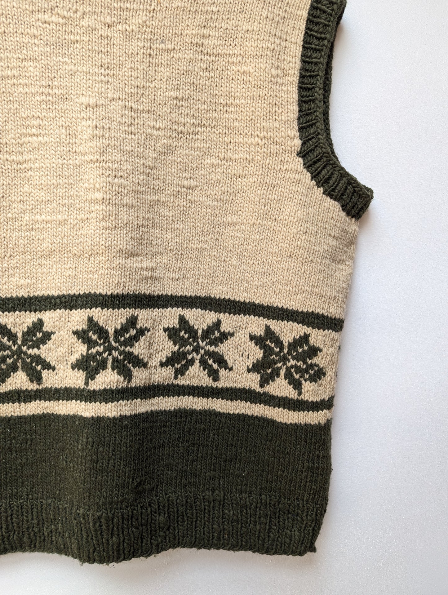 Darcha handloom wool knit vest colour olive green and white back lower right view for men and women