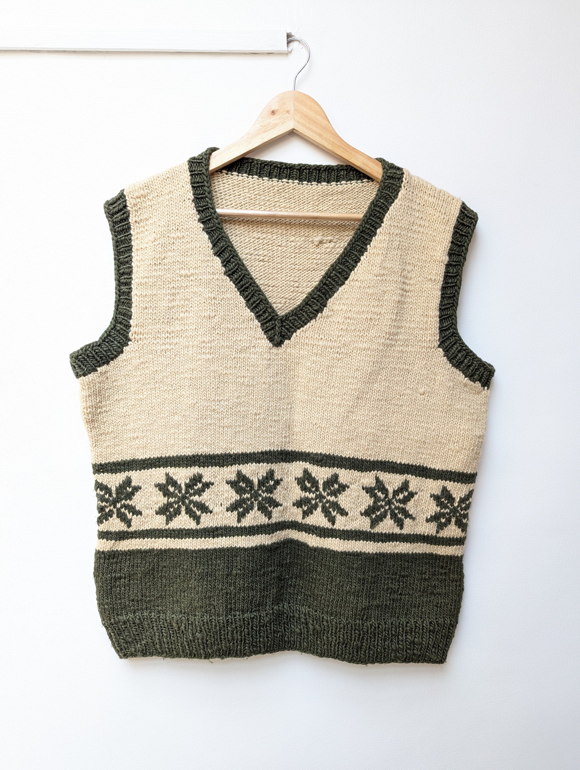 Darcha handloom wool knit vest colour olive green and white front view for men and women